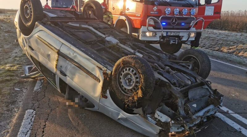 Dachowanie Renault w miejscowości Karczmiska. Powodem śliska nawierzchnia