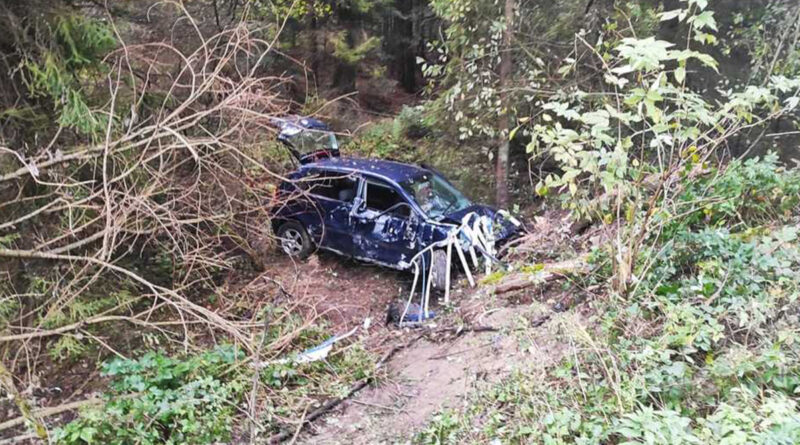 Volkswagen spadł ze skarpy. Poważnie ranna pasażerka trafiła do szpitala